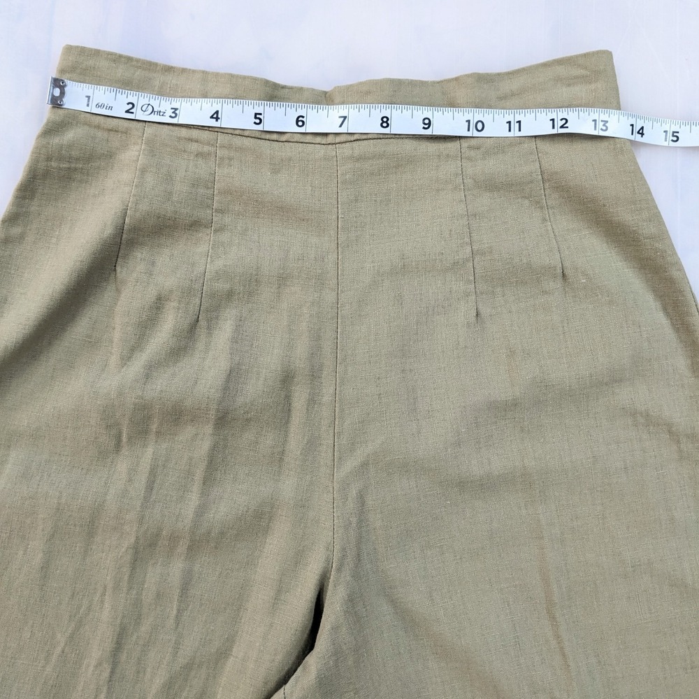 Vintage 90s Linen 2-Pc Pant Suit Set Sz 12 Khaki Wide Leg Shawl Collar Blazer - Picture 15 of 16